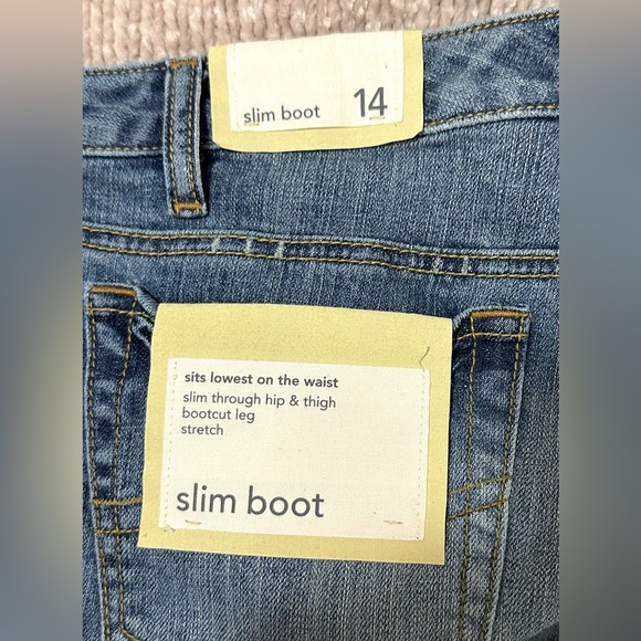 LOFT Low Rise Slim Boot Cut Denim Jeans Long Inseam Distressed Size 14 NWT - Picture 6 of 13